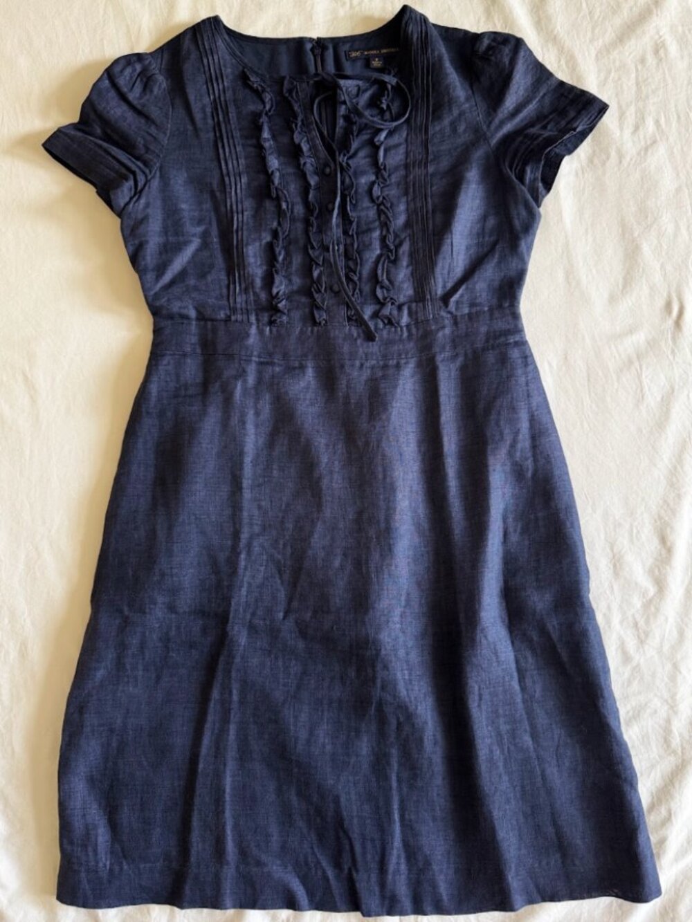100% Linen Brooks Brothers 346 Navy Blue Linen Ruffle Pintuck Dress - Size 2